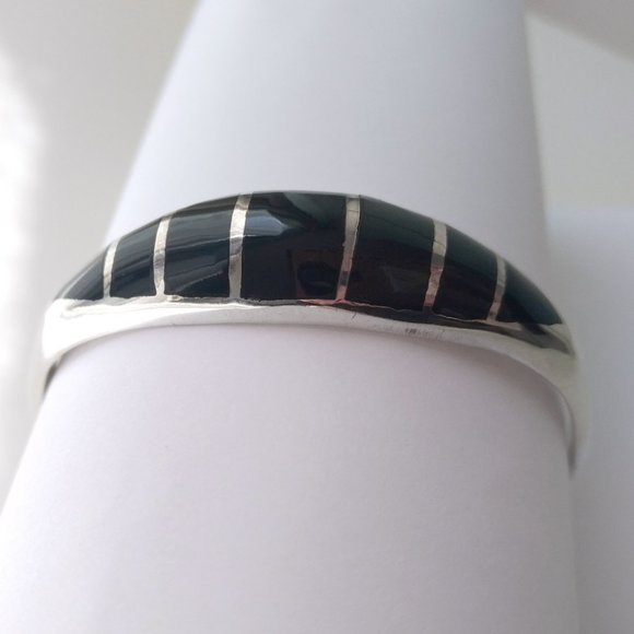 Heavy Sterling Silver Bangle Bracelet Black with Enamel Inlay for a Small Wrist - Picture 4 of 7